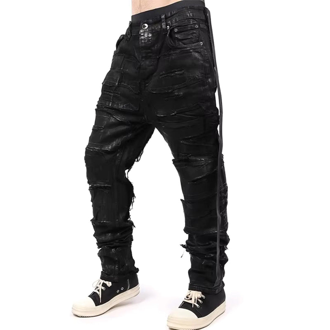Black Wax Brushed Distressed Jeans