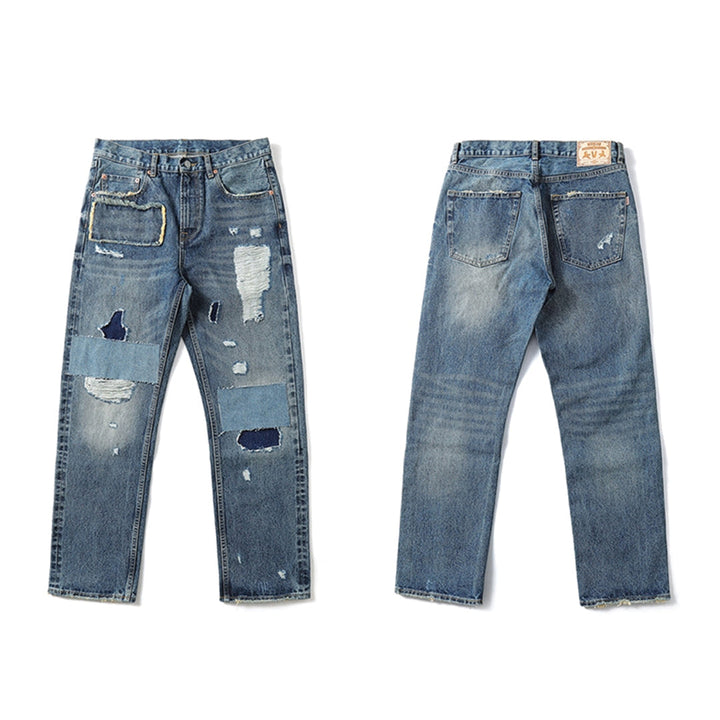 Slim Patchwork Plaid Selvedge Jeans